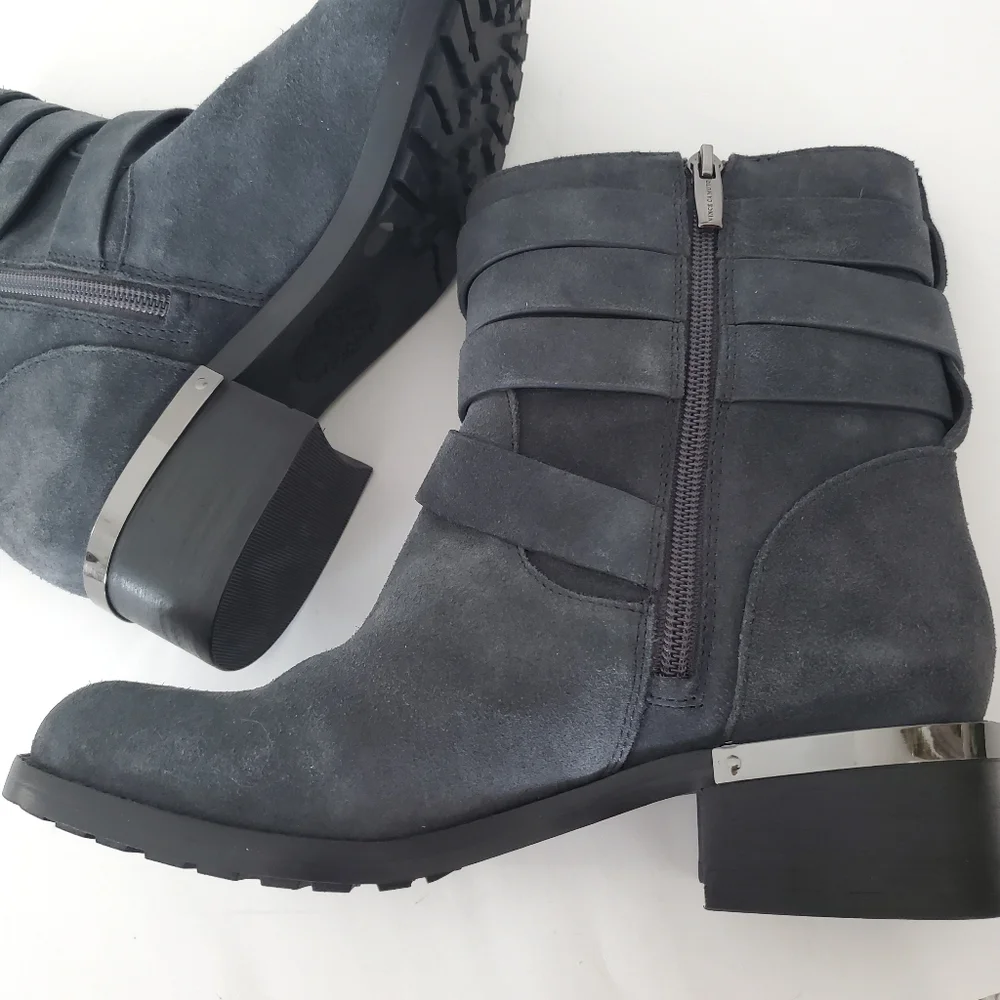 VINCE CAMUTO 7.5 WEBEY Dk Gray Suede Moto Boots Silver Buckle Strap Grunge Goth - Picture 6 of 16